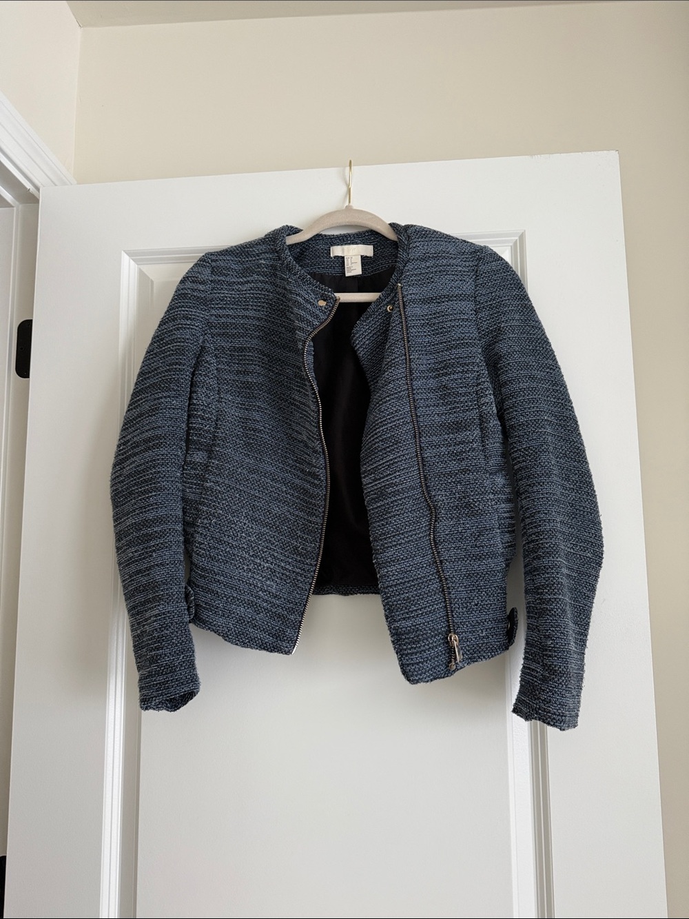 H&M Blue Textured Tweed Zip Blazer